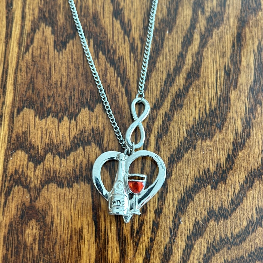 Wine necklace silver chain with silver wine bottle and wine glass pendant.